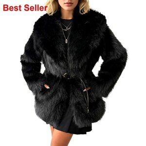 Women's Mid-Length Faux Fur Coat Winter Warm Fuzzy Jacket Luxury Fluffy